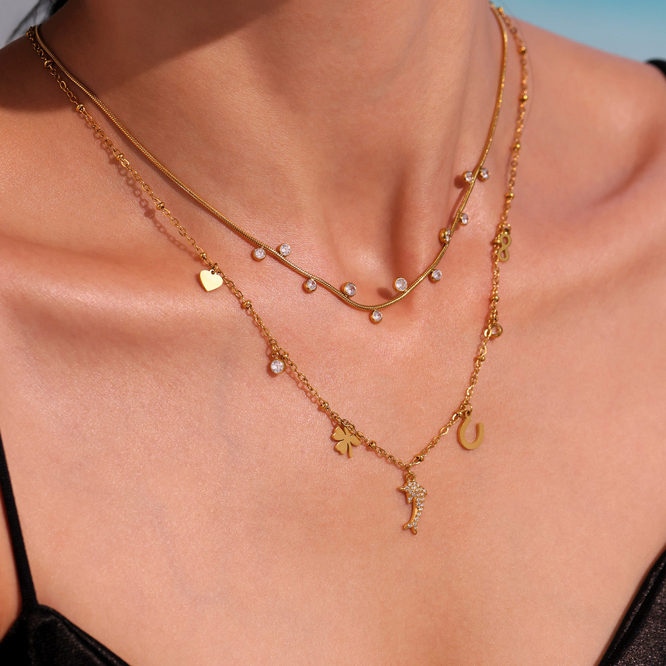 Wholesale Mystique Stainless Steel 5A Zircon Dolphin Multi-accessories Clavicle Chain Light Luxury Elegant Color-free Girls' Necklace Jewelry
